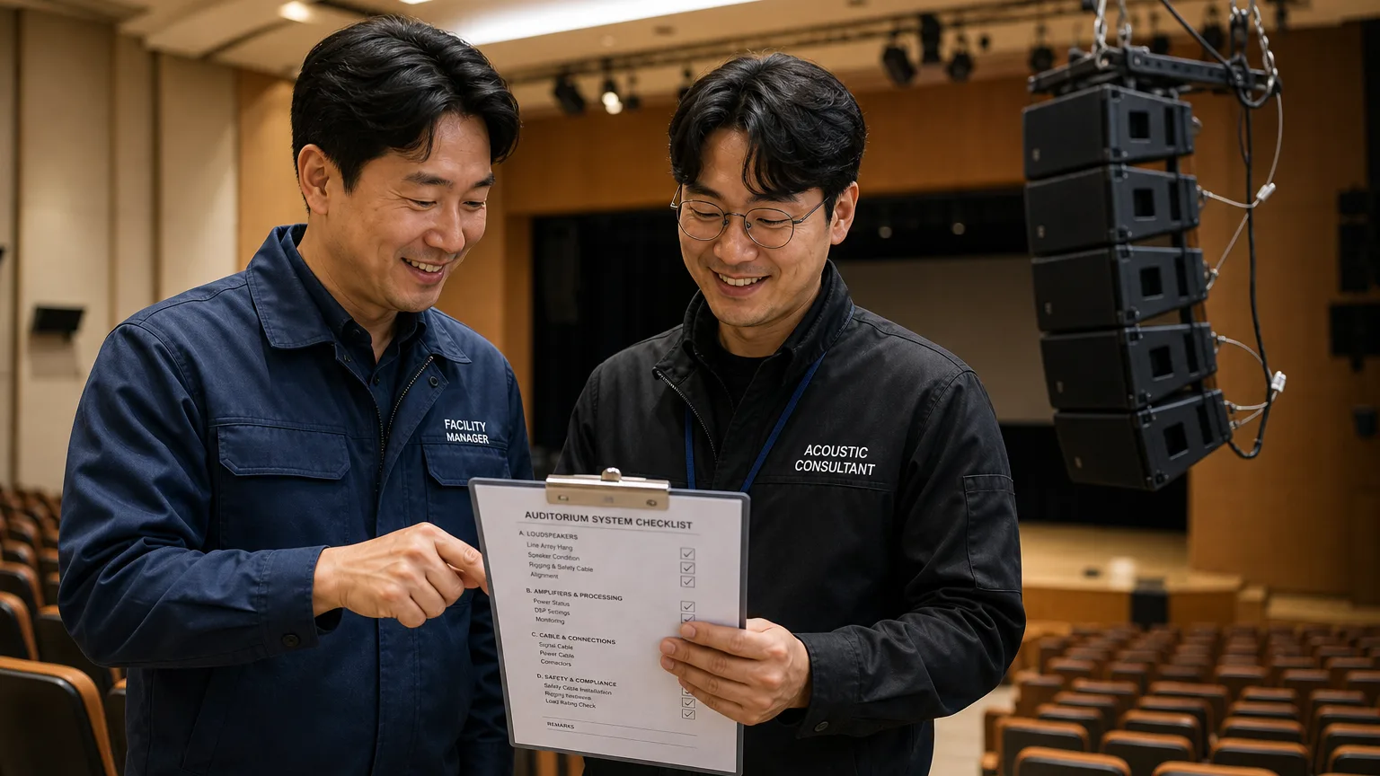 최종 인수 체크리스트를 함께 확인하고 서명하는 담당자와 컨설턴트