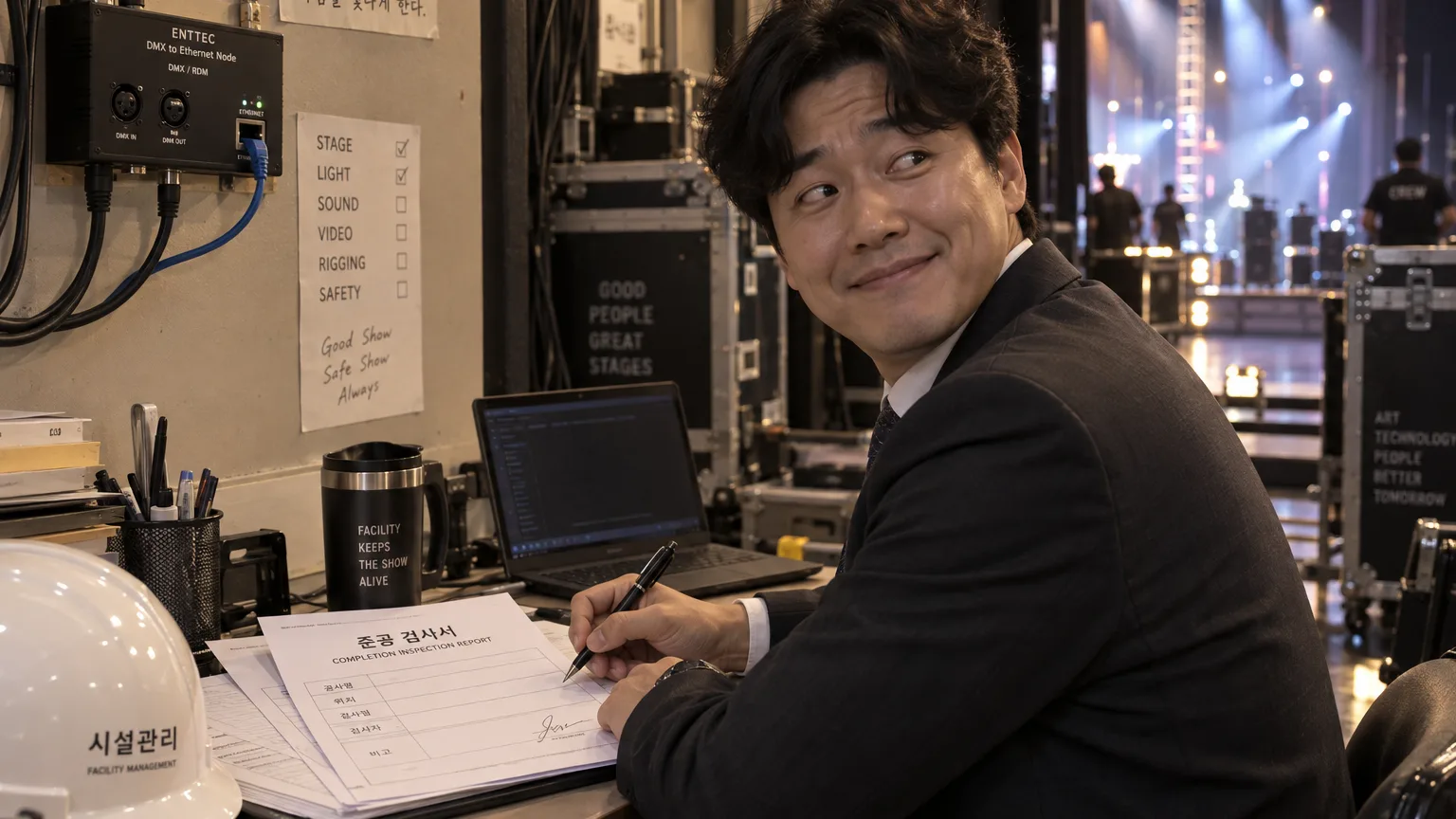 준공검사 서명 직전 조명이 깜빡여 당황하는 시설 담당자
